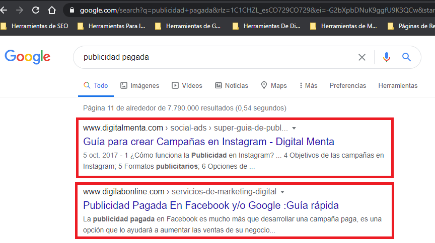 ejemplos de serps orgánico