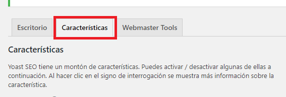 pestaña características yoast